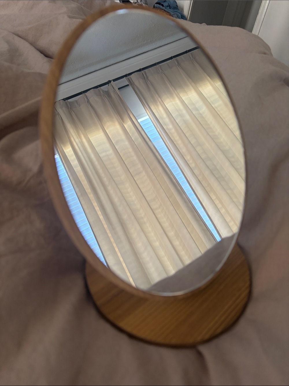 Oval Table Mirror with Wood Base - Beige